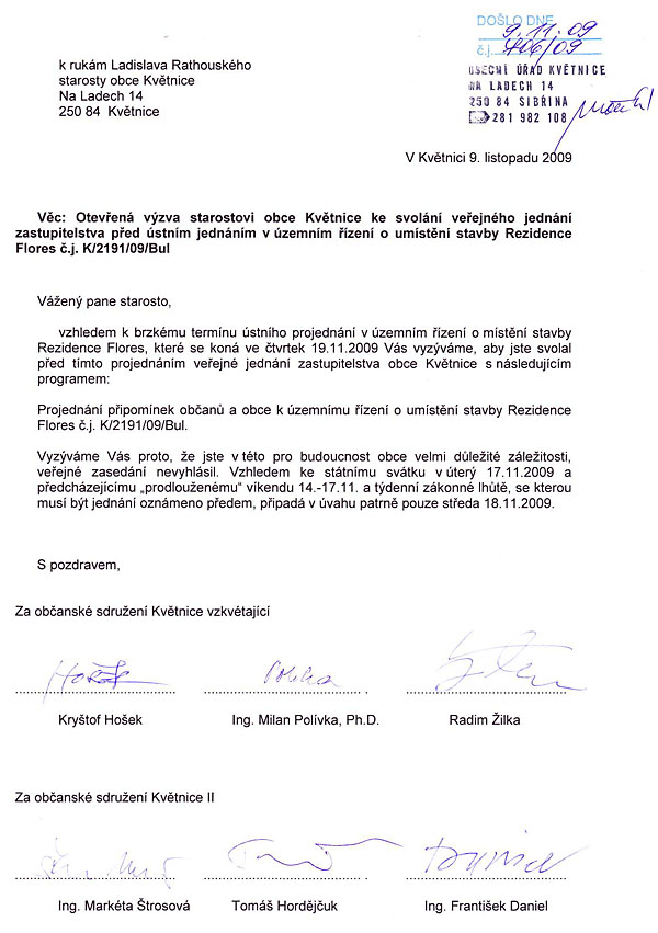 Vyzva starostovi obce Květnice k vyhlášení veřejného zasedání před ÚR